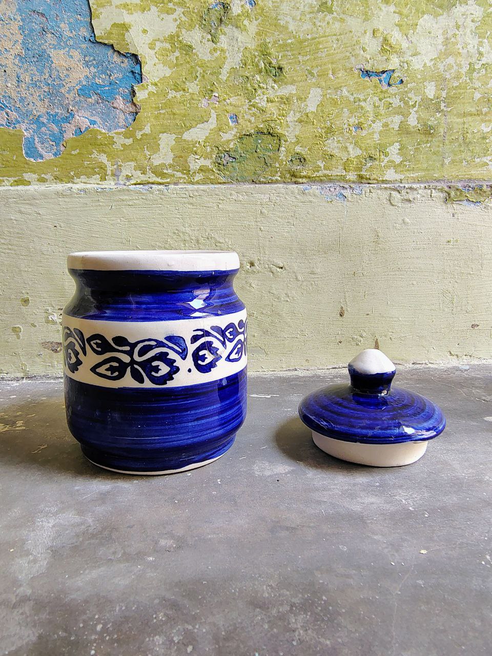 Handcrafted Blue & White Ceramic Jar with Lid | Khurja Pottery Kitchen Storage Container for Pickles, Spices & Dry Fruits | Multipurpose Home Decor Martban - Image 3