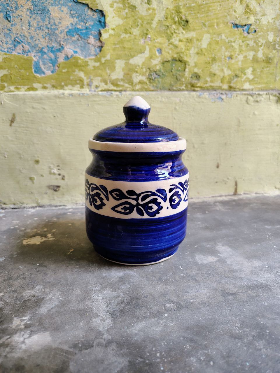 Handcrafted Blue & White Ceramic Jar with Lid | Khurja Pottery Kitchen Storage Container for Pickles, Spices & Dry Fruits | Multipurpose Home Decor Martban