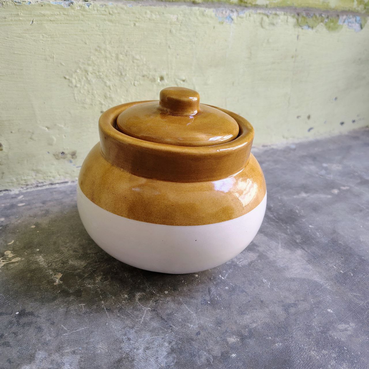 Brown and white ceramic pickle jar with lid multipurpose kitchen storage container front view