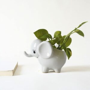 Cute White Elephant Ceramic Planter with Drainage Hole