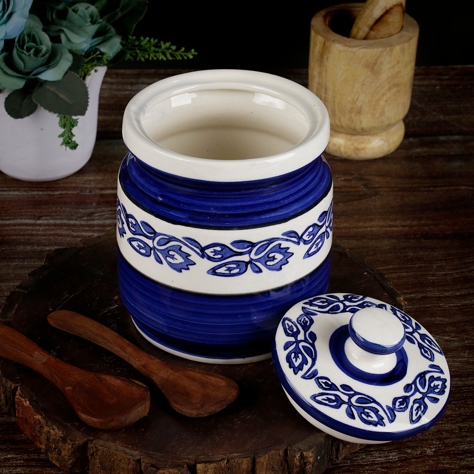 Blue and White Ceramic Storage Jar with Lid 6.5 Inch