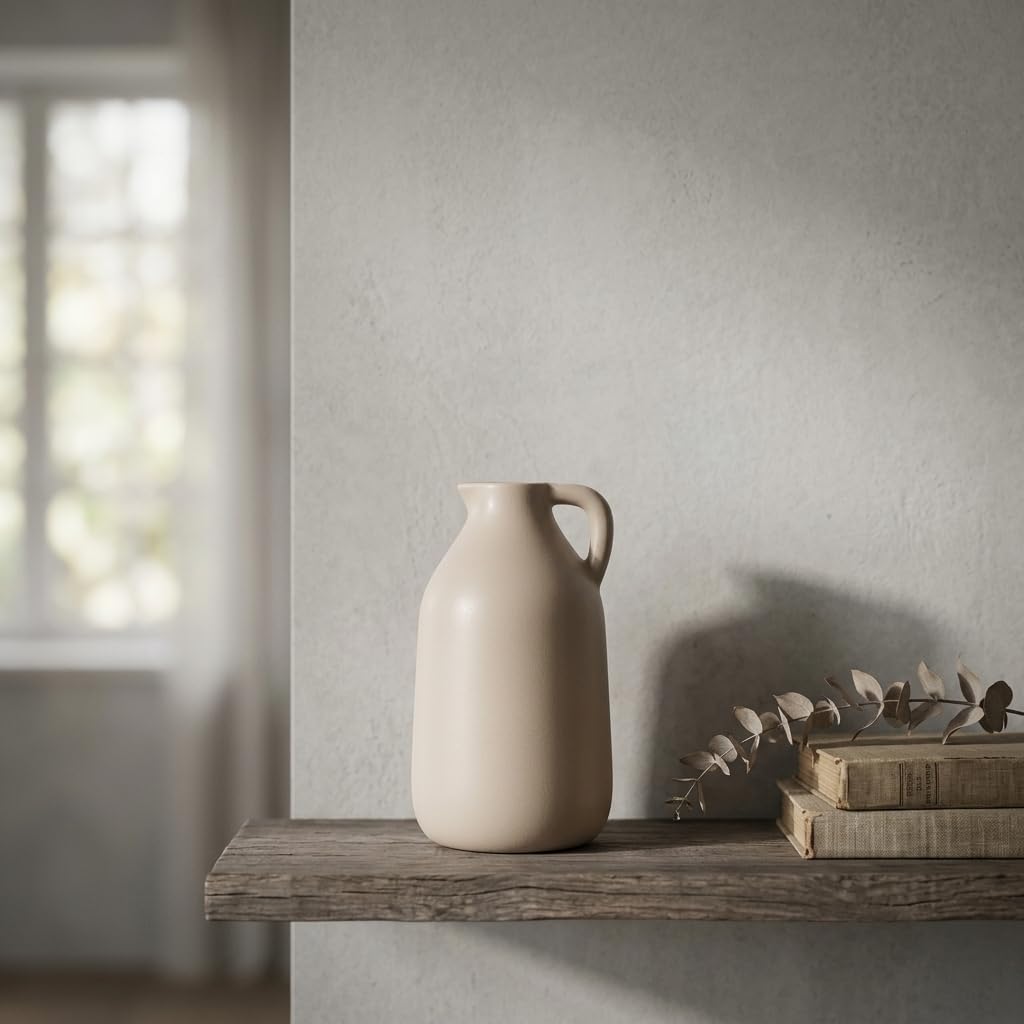 Beige ceramic handle vase with dried olive branches on stone ledge