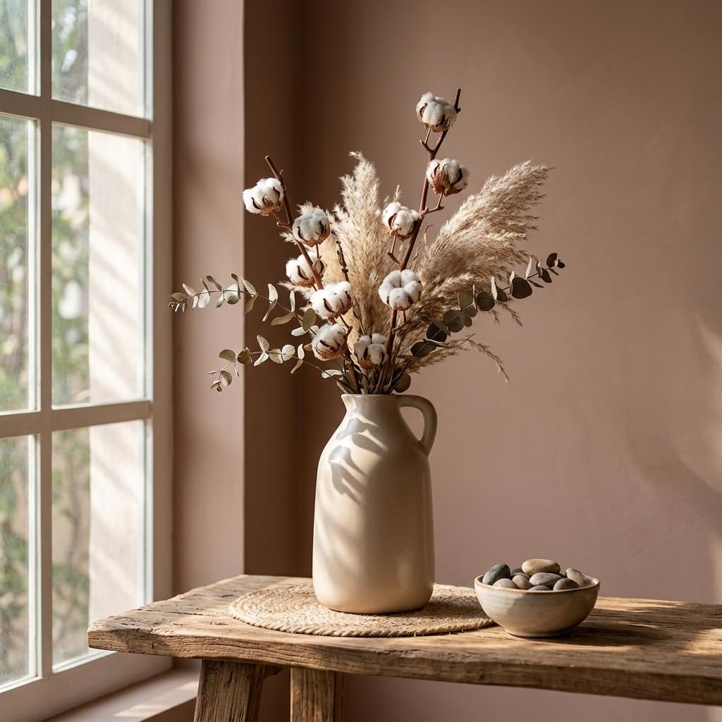 Rustic Ceramic Jug Vase – Minimalist Matte Beige Flower Vase with Handle for Modern Farmhouse & Boho Home Decor - Image 2