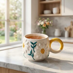 Steaming hot tea in 3D daisy flower ceramic coffee mug on marble kitchen counter
