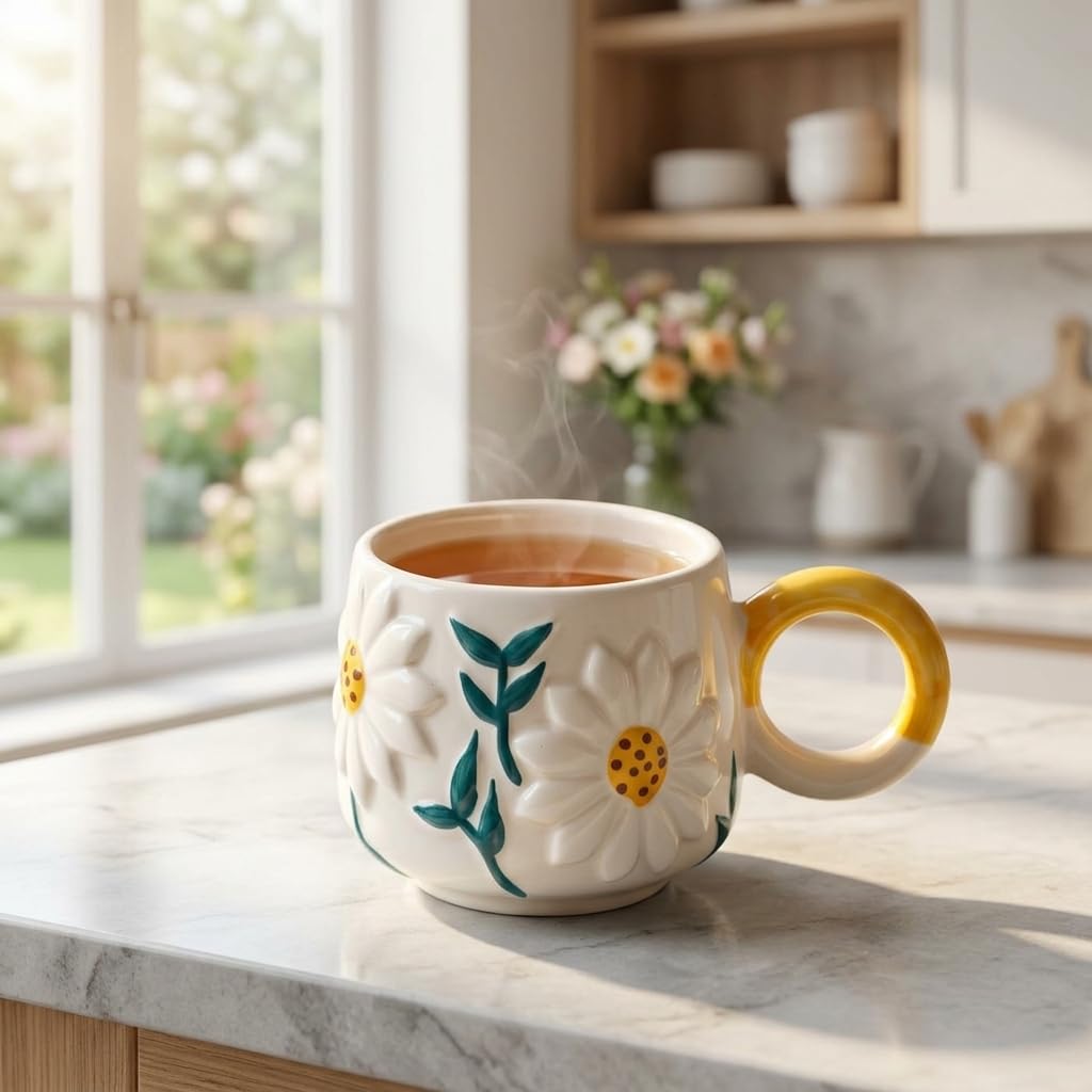 Steaming hot tea in 3D daisy flower ceramic coffee mug on marble kitchen counter