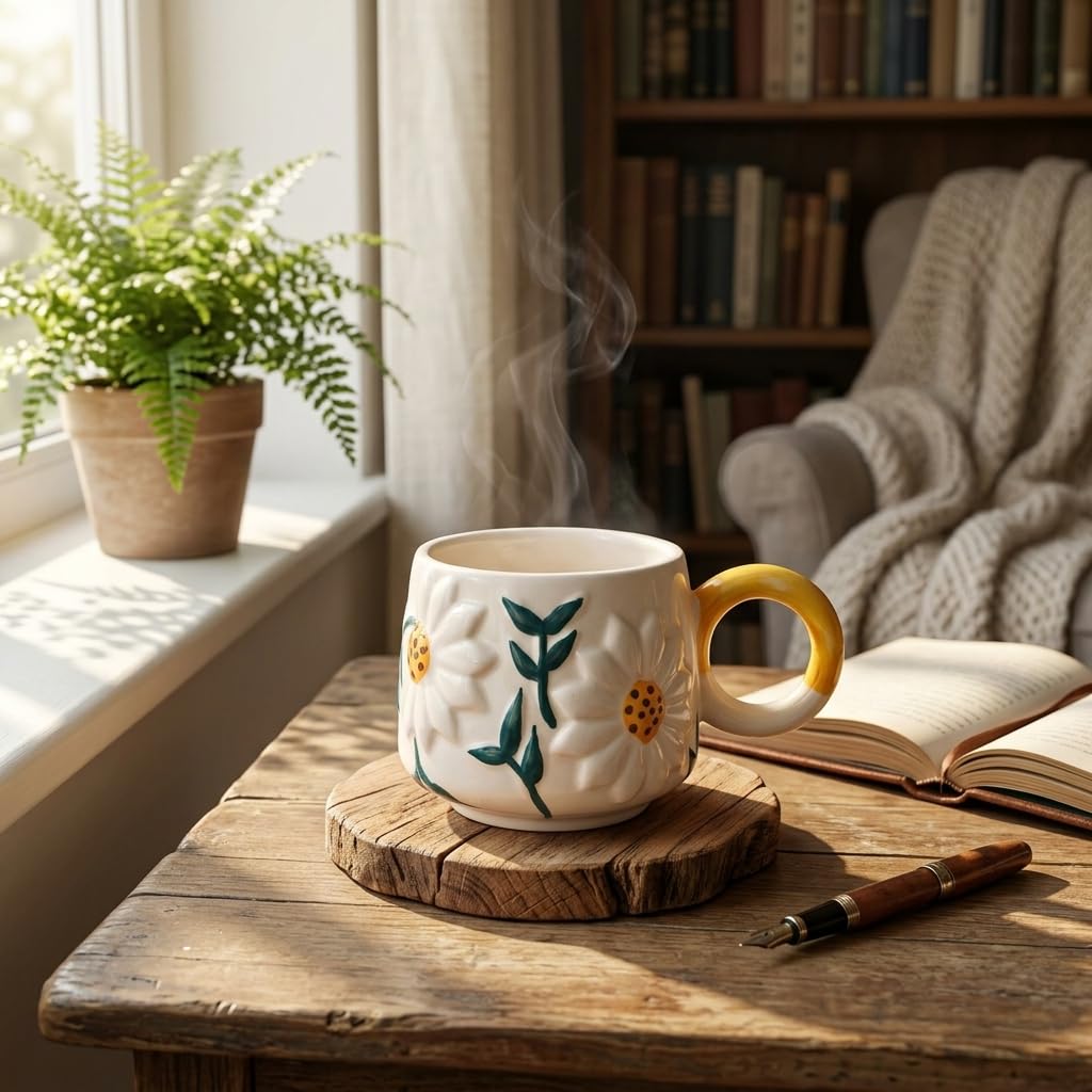 Chubby ceramic daisy mug placed on wooden slice coaster beside open book and potted plant