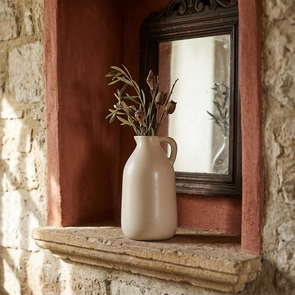 Minimalist ceramic pitcher vase arranged with pink flowers outdoors