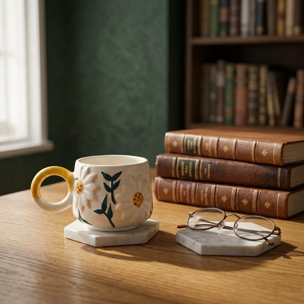 Aesthetic daisy ceramic cup resting on marble coaster next to vintage books and reading glasses
