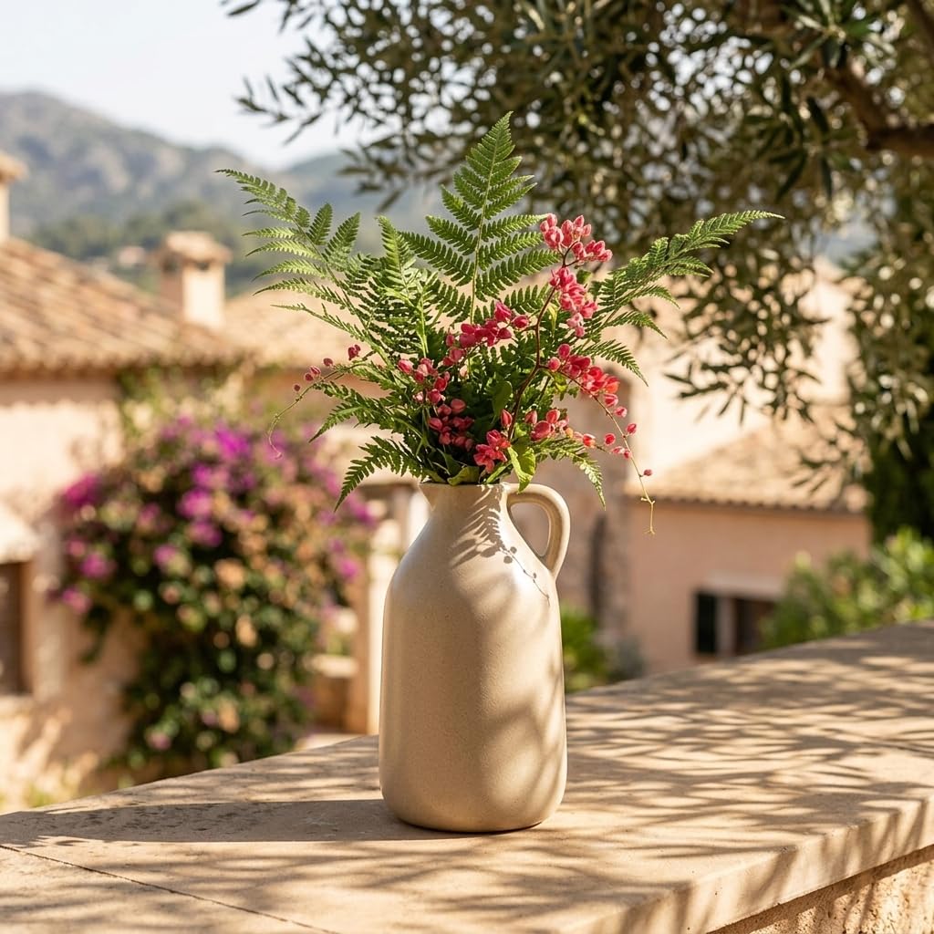 Farmhouse style ceramic vase filled with pampas grass and cotton flowers
