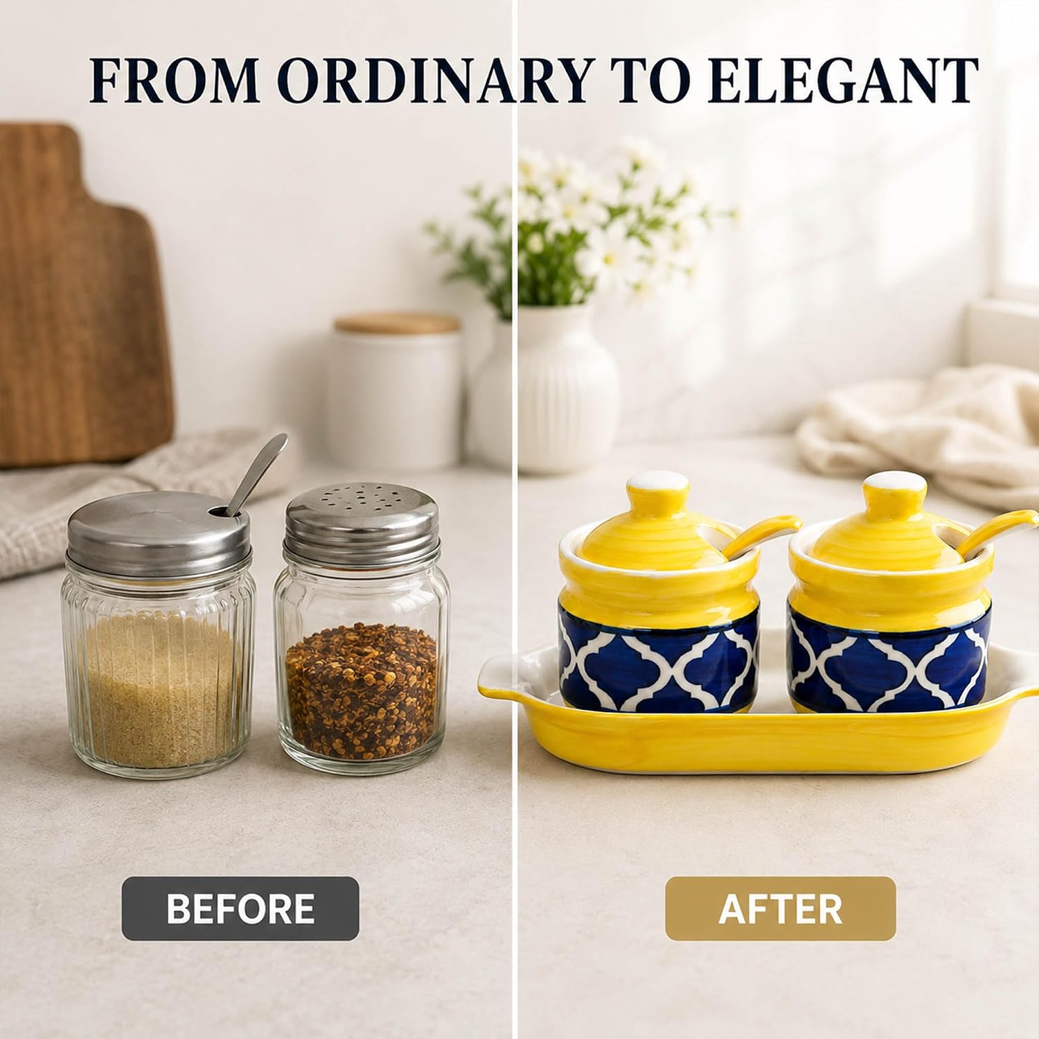 Handcrafted Ceramic Pickle & Chutney Jar Set with Tray & Spoons (Set of 2 Jars) – Traditional Mughal Moroccan Blue & Yellow Condiment Dispenser / Barni Set for Dining Table & Kitchen - Image 4