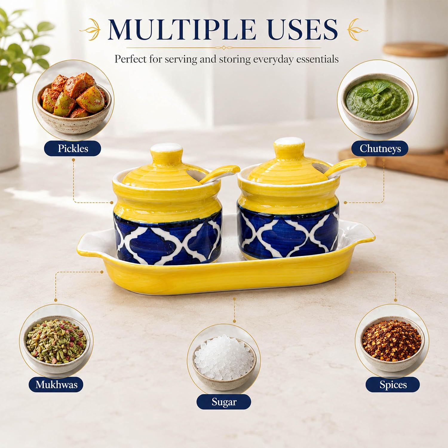 Ceramic achaar jar opened with spoon serving fresh mango pickle beside naan