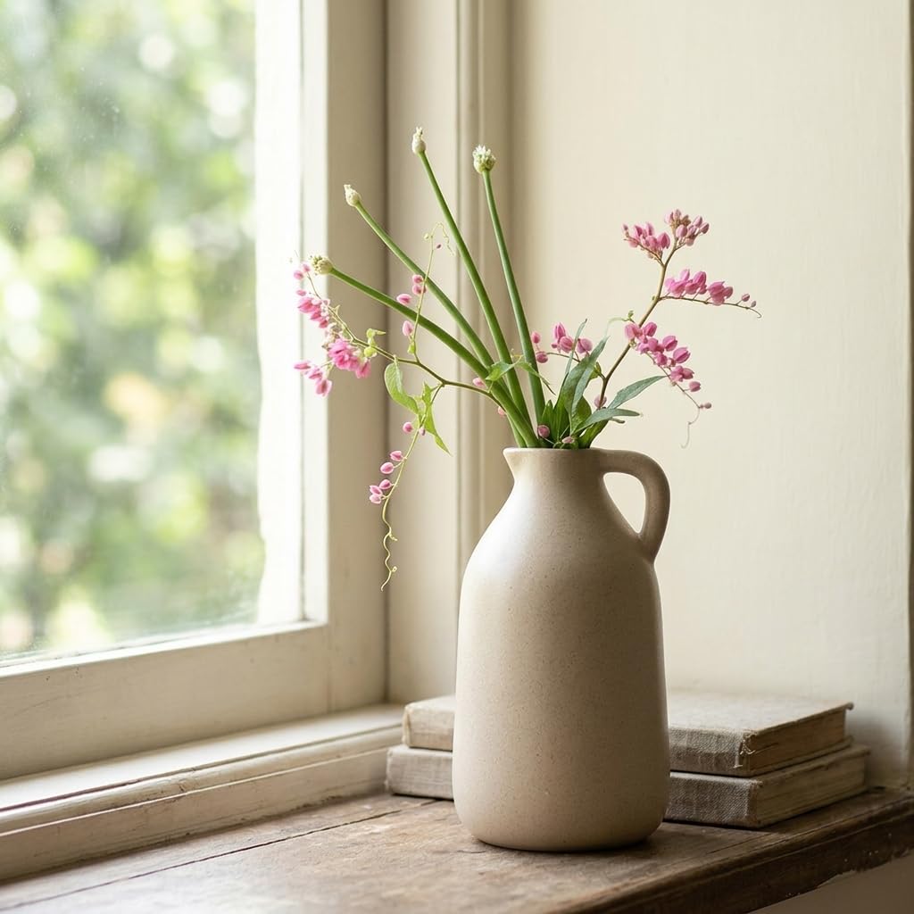Rustic matte beige ceramic jug vase on wooden shelf